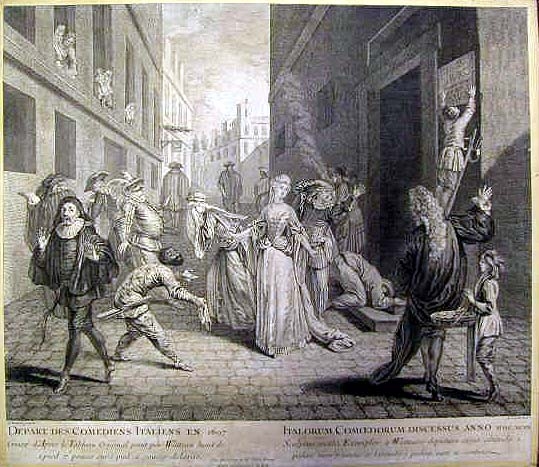 La cacciata dei comici italiani da Parigi_1697_Incisione di Louis Jacob da un quadro di Antoine Watteau